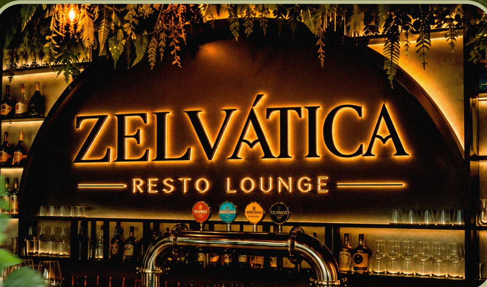 Barra de Zelvática con el cartel retroiluminado y estanterías de botellas