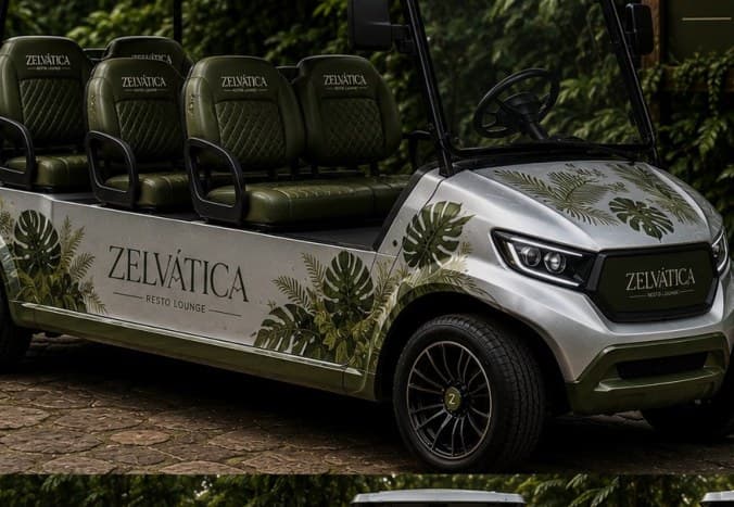 Carrito de golf de Zelvática con gráfica de hojas tropicales