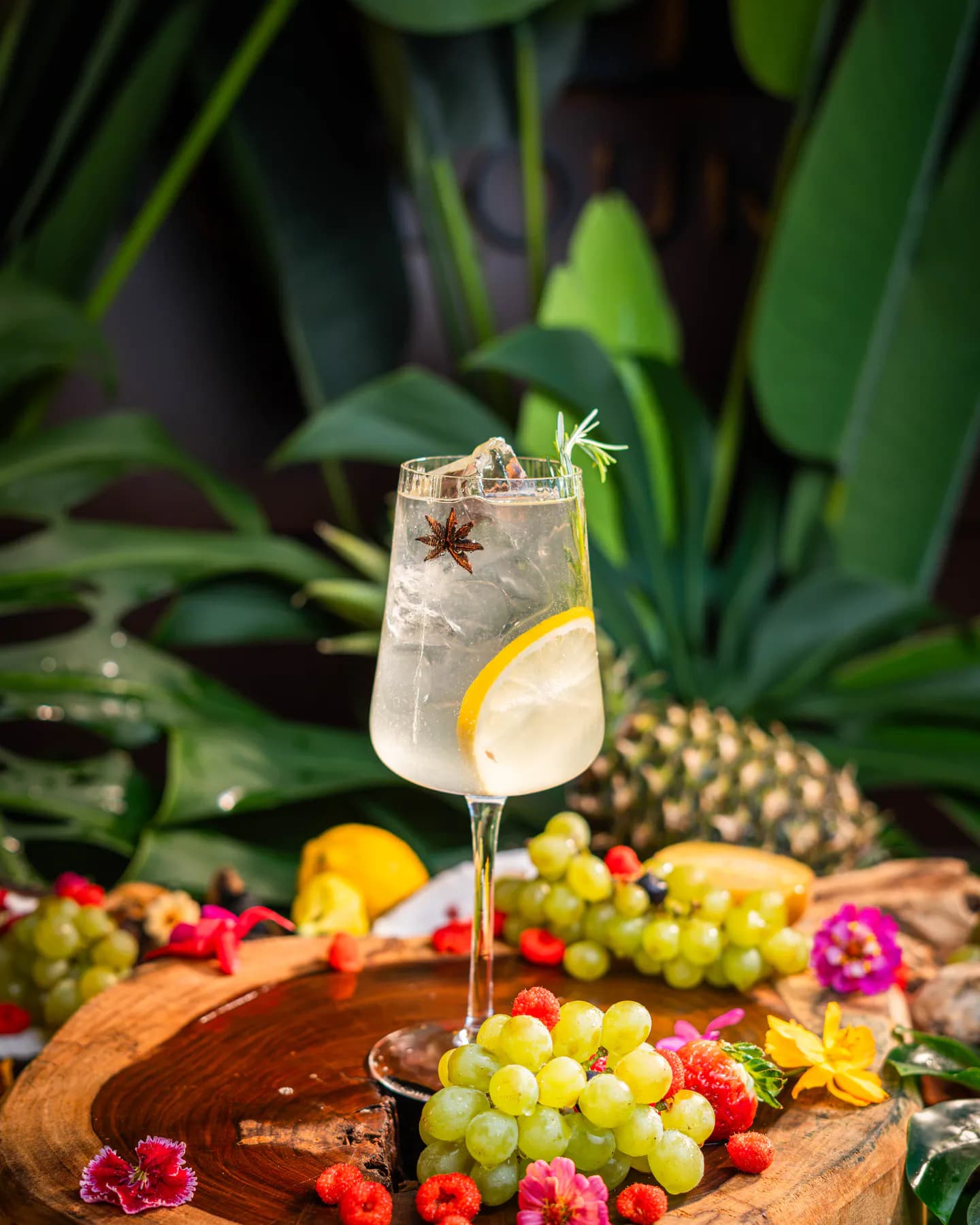 Copa de gin tonic con limón, anís estrellado y romero sobre un tronco